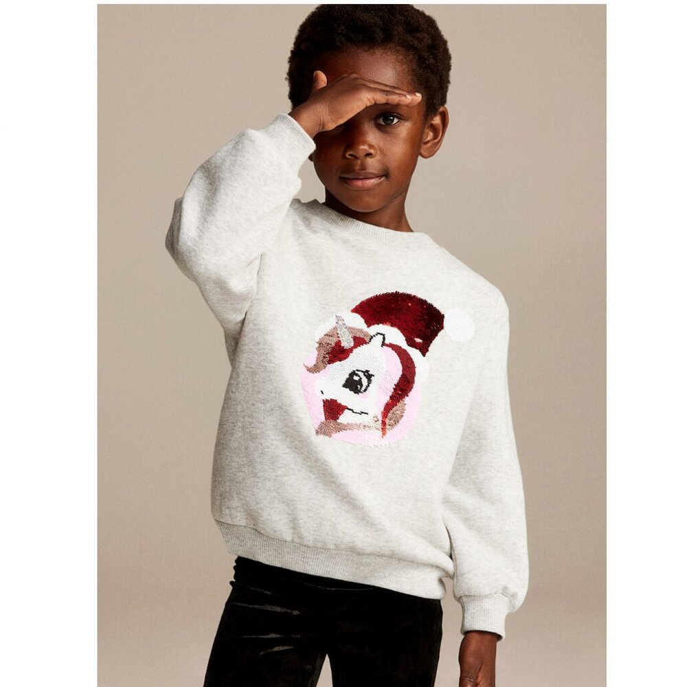 H&M Kids Sweatshirt with Sequin Motif - Gray melange/ Christmas Santa / Unicorn